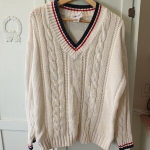 Vintage L Cabin Creek Cream V-Neck Sweater with Red and Navy Trim